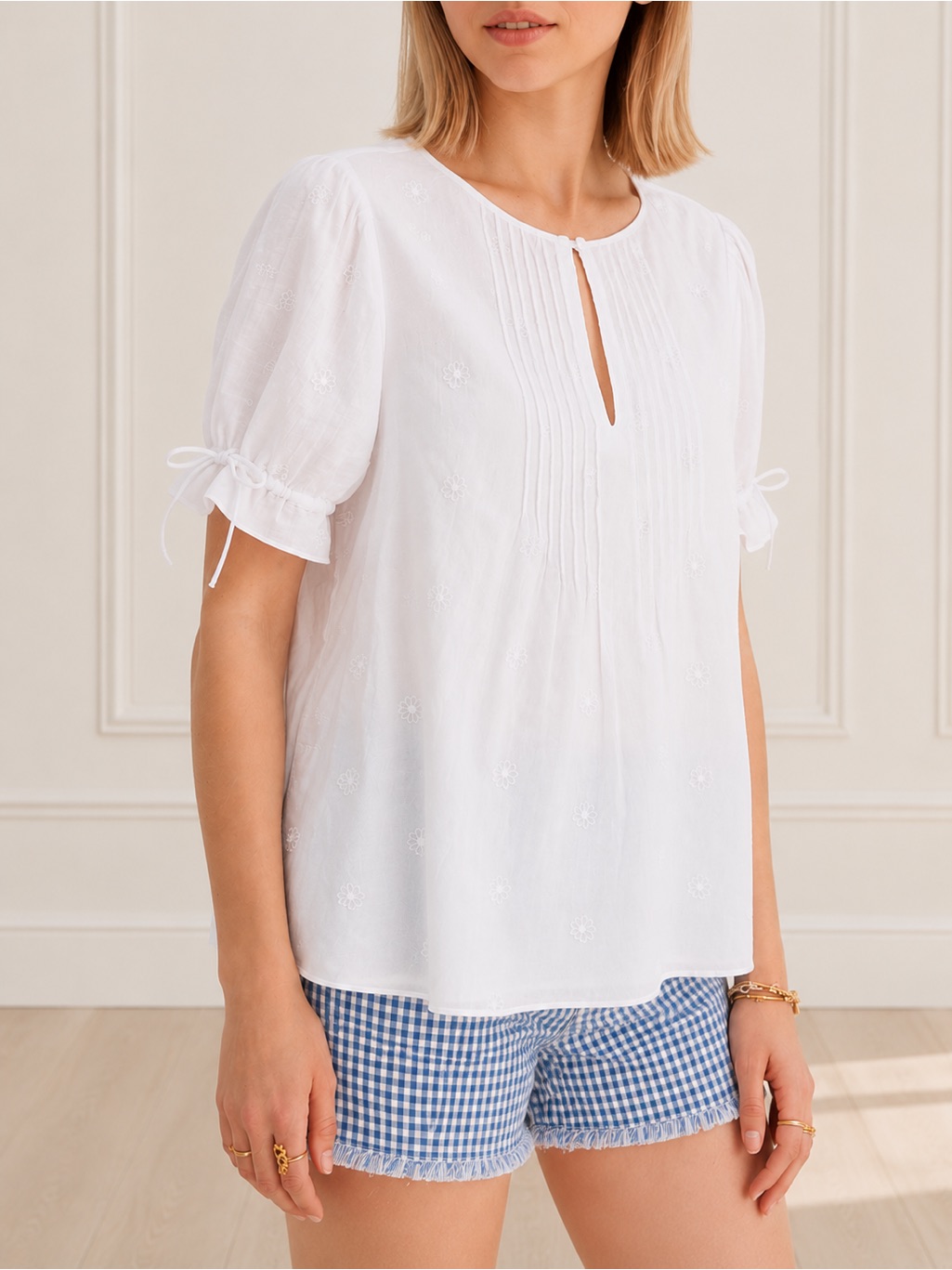 Madewell Embroidered Pintuck Tie Sleeve Cotton Blouse White Size Small Boho Top